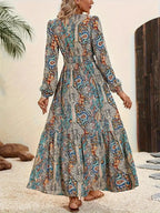 Vestido maxi bohemio con volantes – Elegante línea A con cordones para otoño