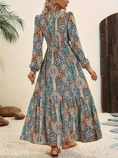 Vestido maxi bohemio con volantes – Elegante línea A con cordones para otoño