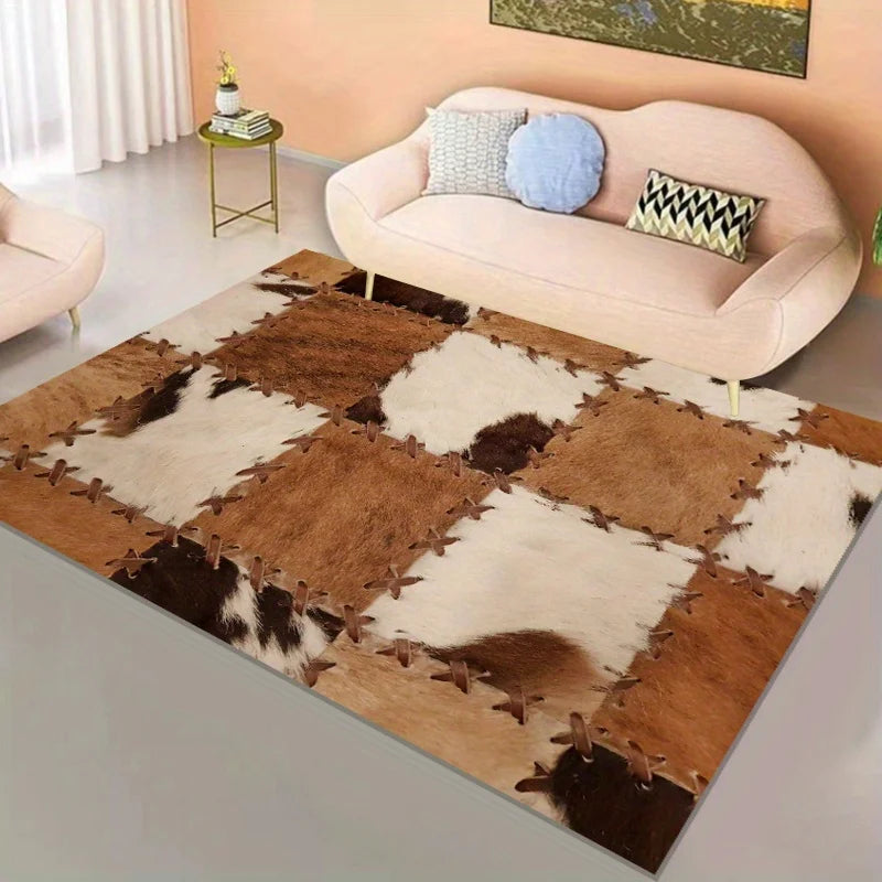 Cowhide Patchwork Rug – Western Style Living Room Carpet