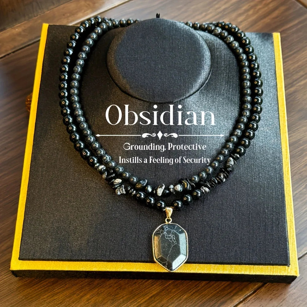 Handmade Black Limestone Multi-Layer Necklace Set ✨