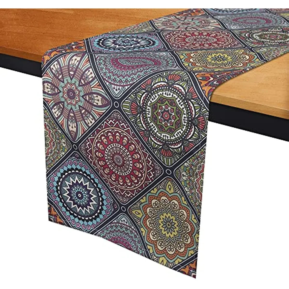 Boho Mandala Linen Table Runner – Floral Texture Dining Decor