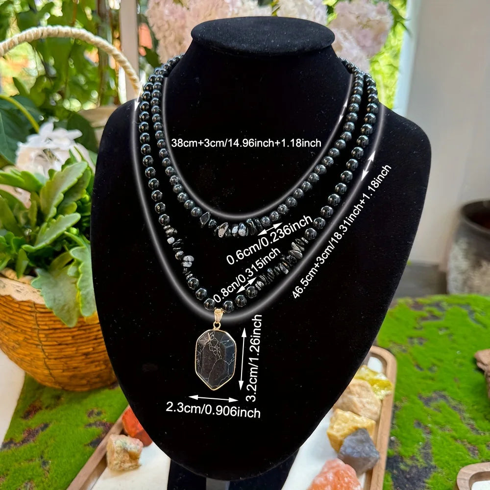Handmade Black Limestone Multi-Layer Necklace Set ✨