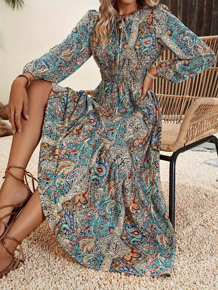 Vestido maxi bohemio con volantes – Elegante línea A con cordones para otoño