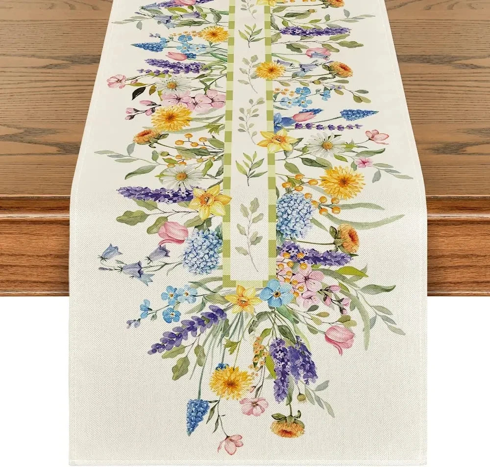 Caminho de Mesa Floral Branco e Dourado Elegante – Decoração de Feriados e Jantares