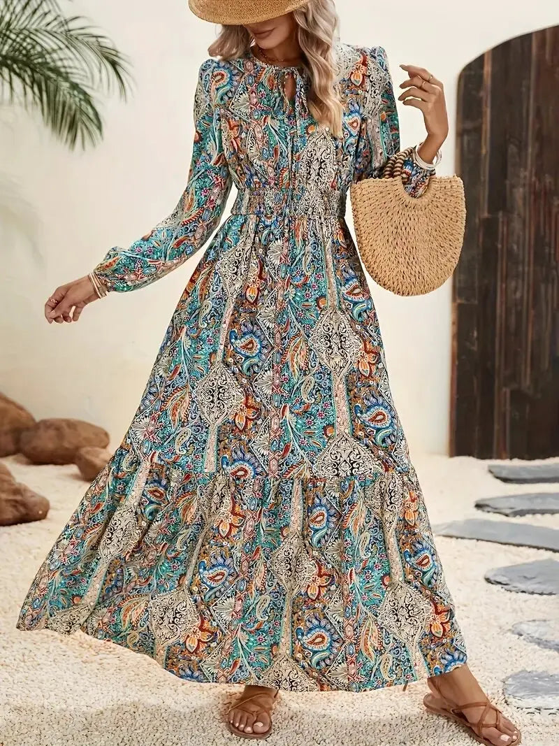 Boho Ruffle Maxi Dress – Elegant Autumn Lace-Up A-Line
