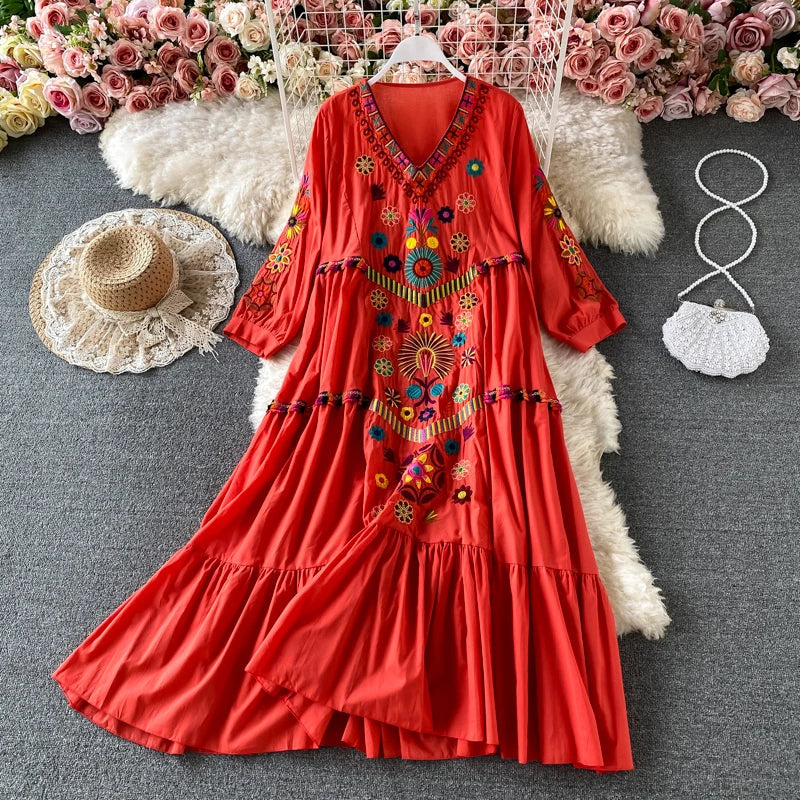 Bohemian Floral Embroidery Mini Dress – Vintage Beach Style