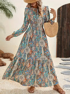 Vestido maxi bohemio con volantes – Elegante línea A con cordones para otoño