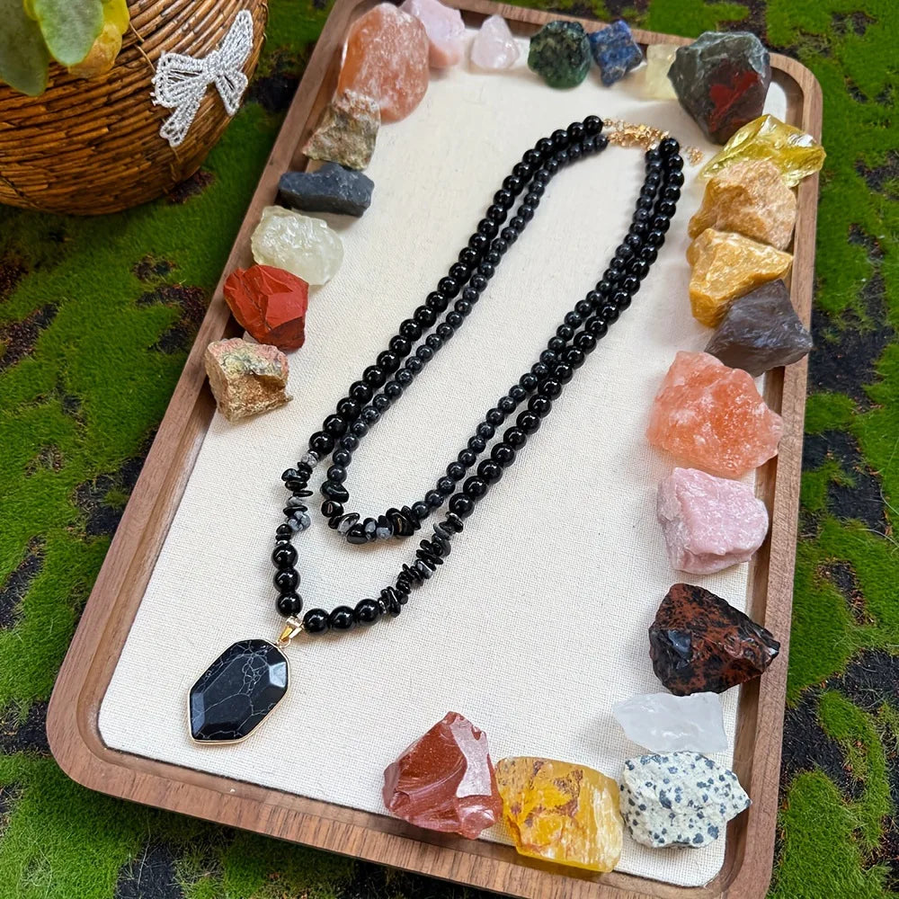 Handmade Black Limestone Multi-Layer Necklace Set ✨