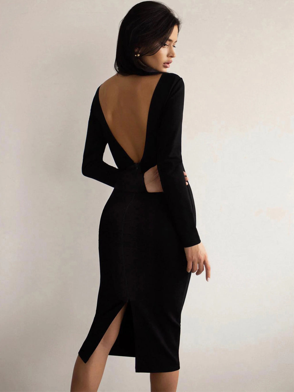Elegant Backless Bodycon Midi Dress – Black Long Sleeve