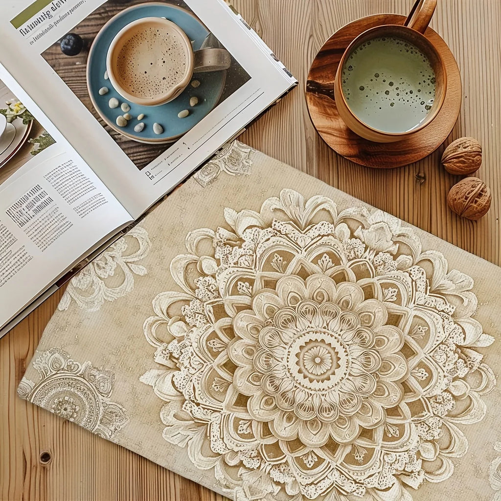 Retro Beige Floral Placemats Set – Mandala Design
