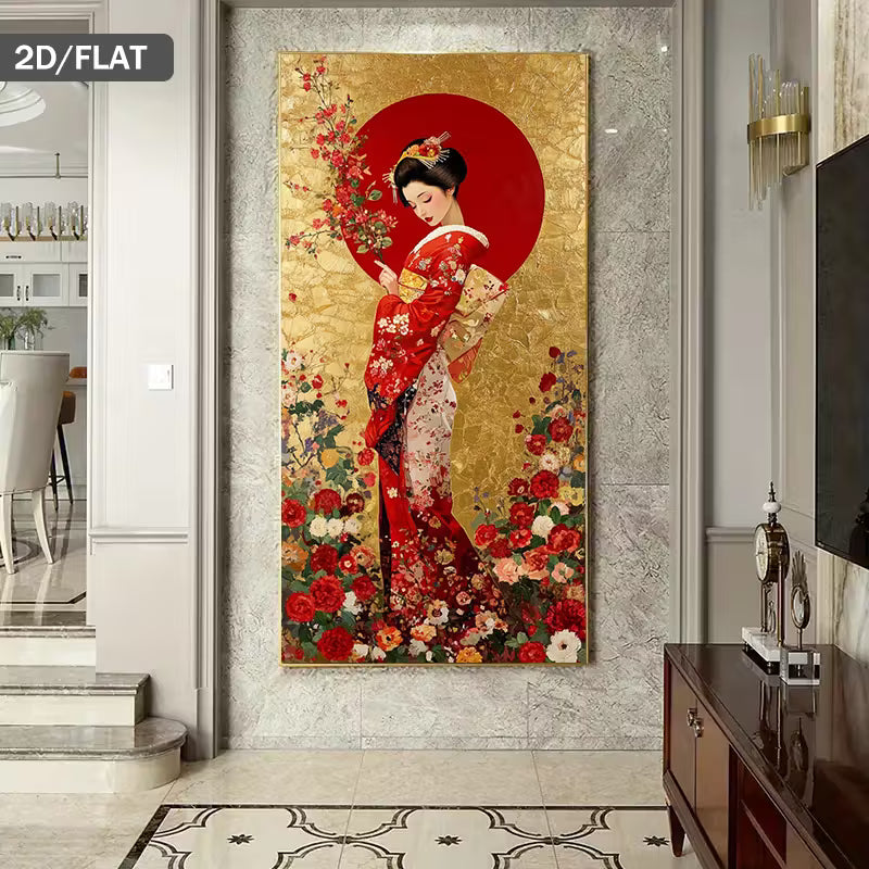 Modern Abstract Canvas Painting Featuring a Japanese Geisha with Floral Designs