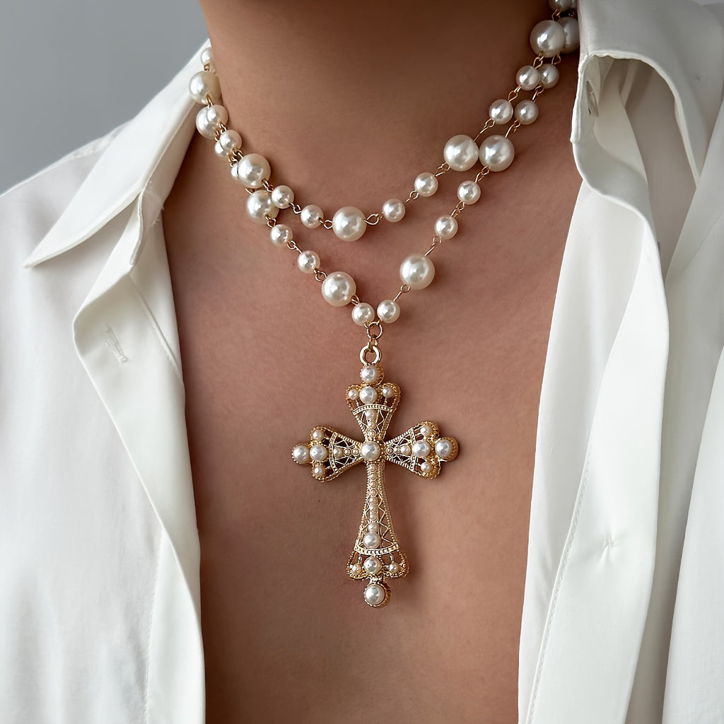Retro Pearl Necklace  Cross Pendant