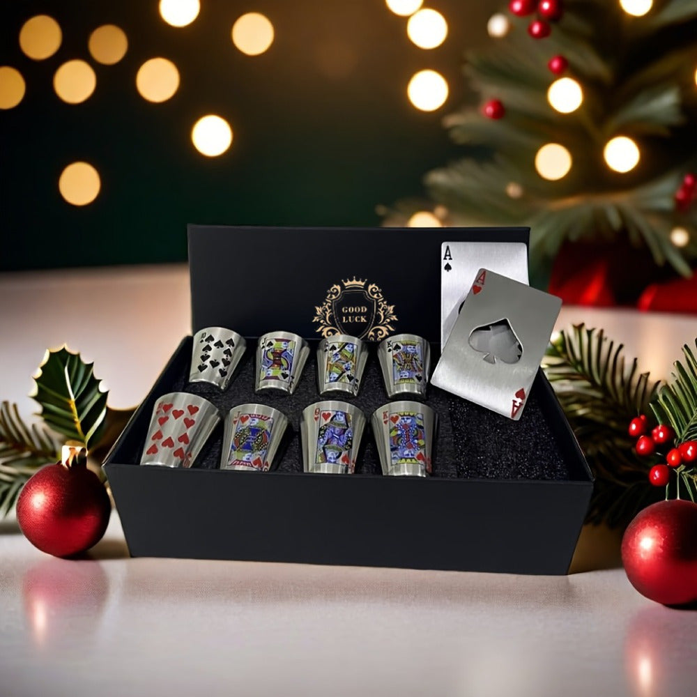 Conjunto de Copos de Inox – 8 Copos e 2 Abridores em Caixa de Presente