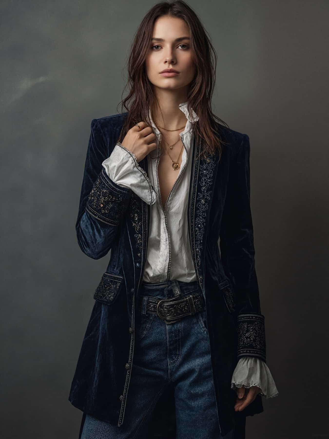 Navy Blue Velvet Blazer with Embroidered Trim