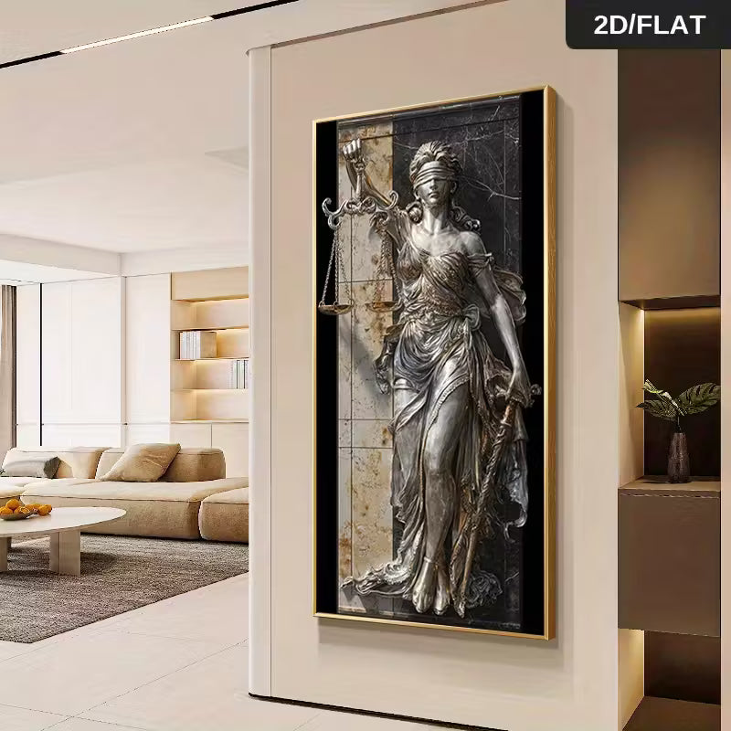 Modern Abstract Canvas Art Featuring a 2D Flat Design of Lady Justice Holding Scales