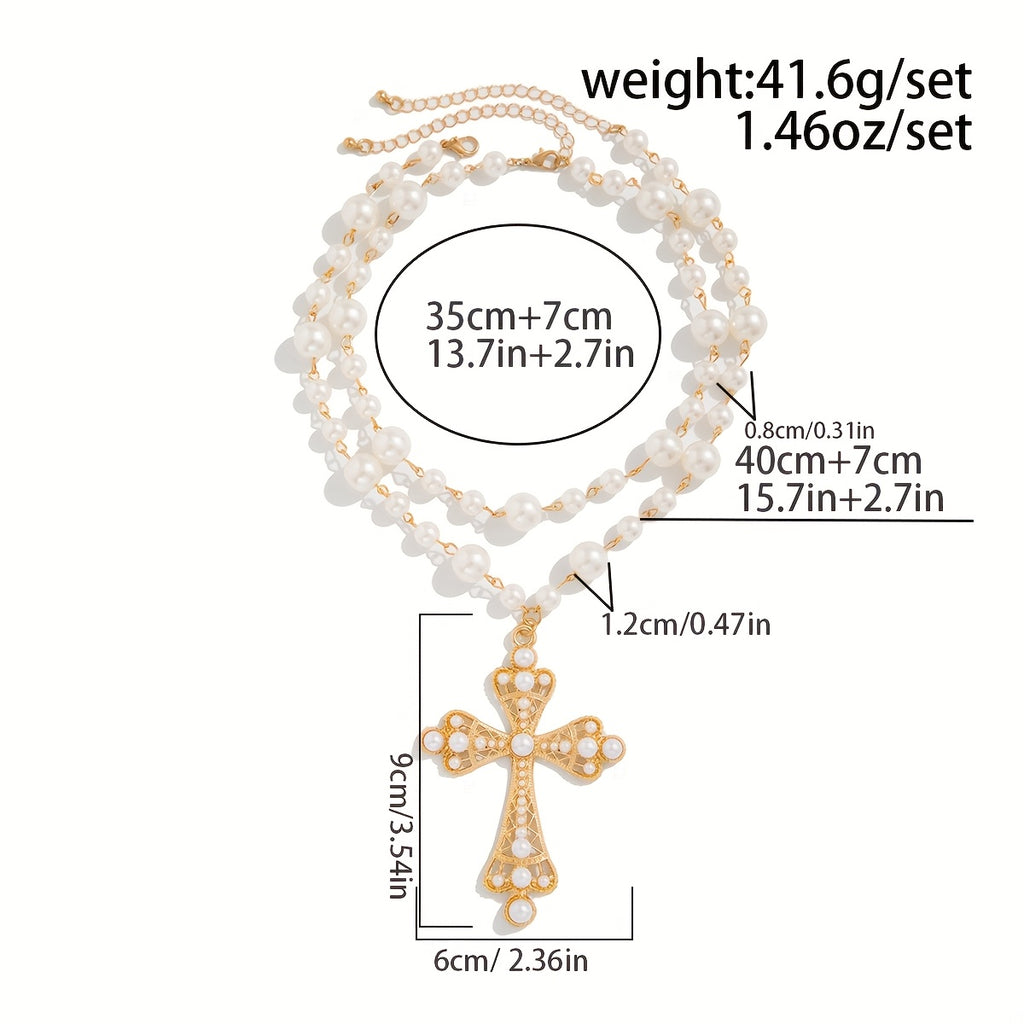 Retro Pearl Necklace  Cross Pendant