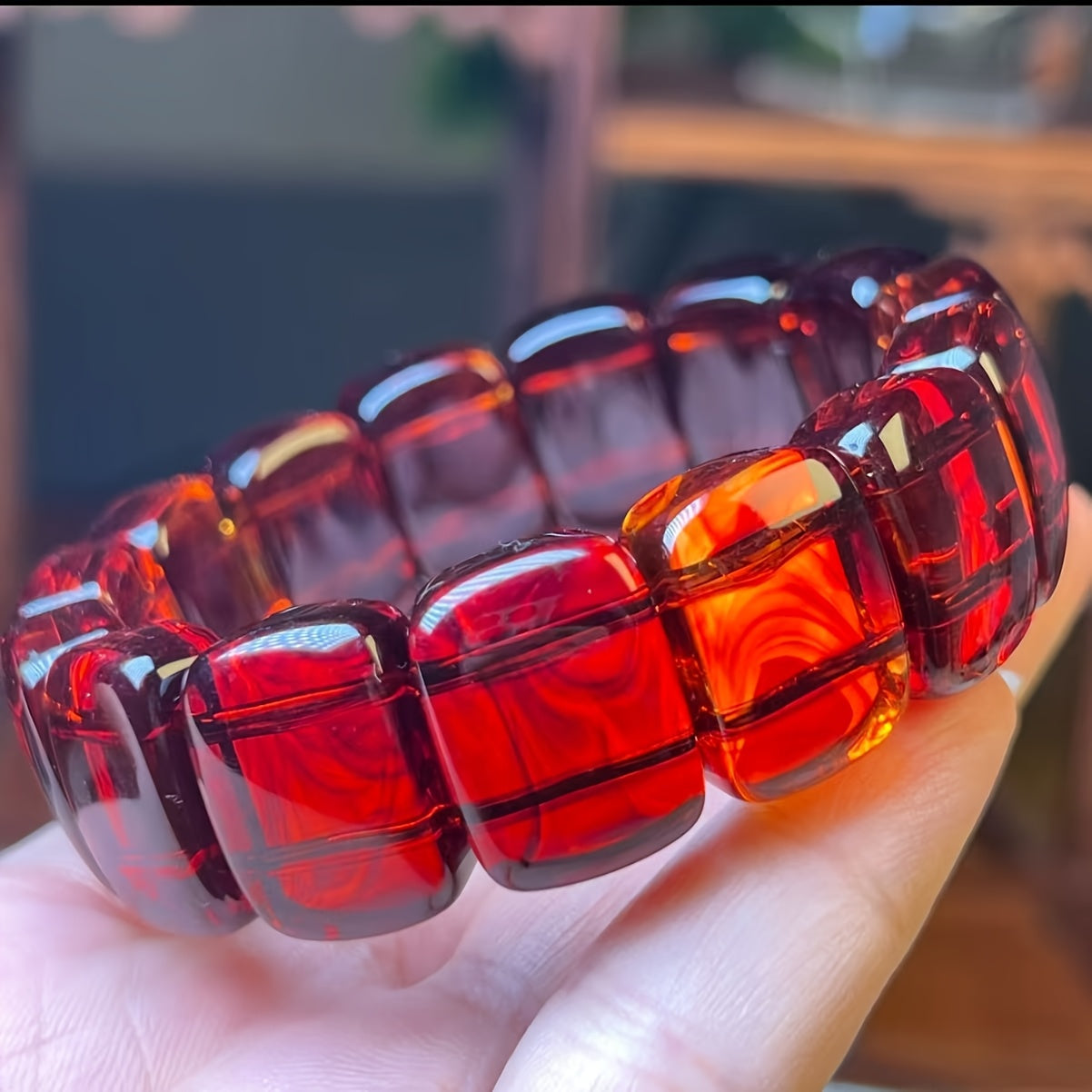 Pulsera de Ámbar Rojo Natural con Cuentas – Estilo Bohemio