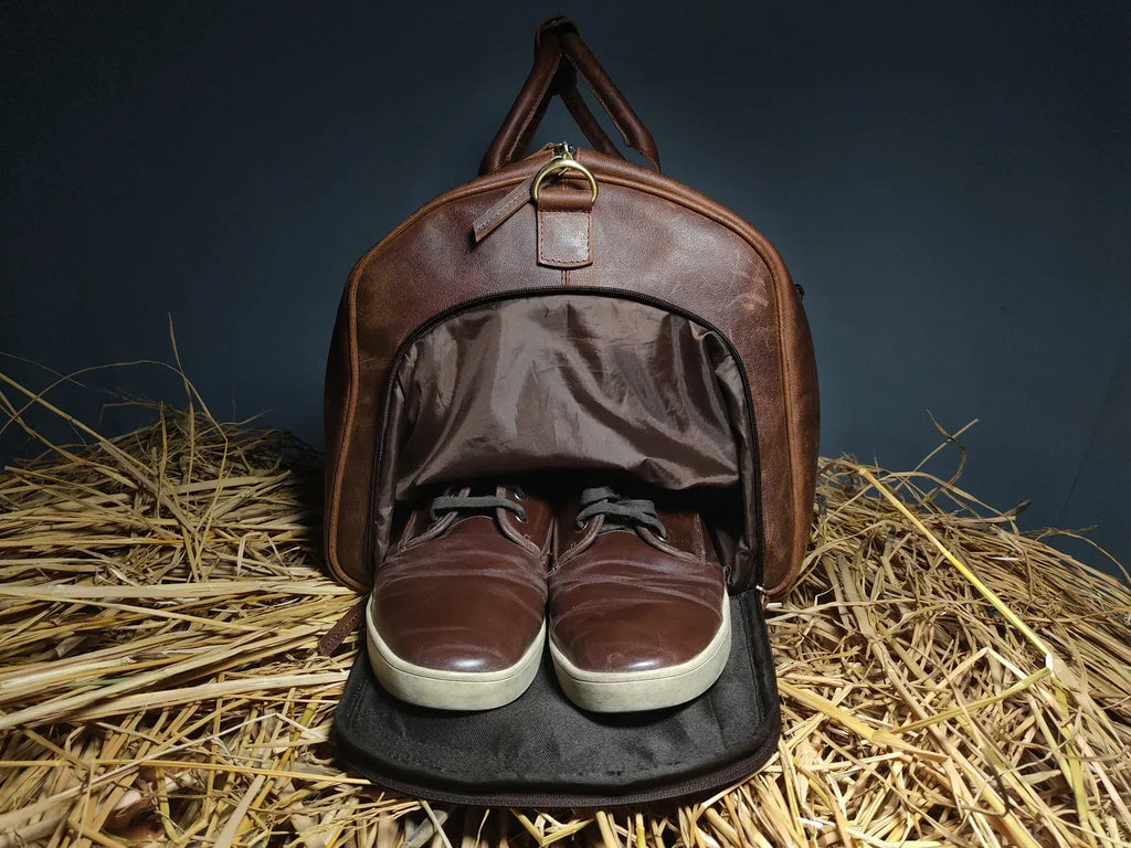 Leather Duffel Bag with shoe Compartment men Weekender overnight Bag - World Gifts