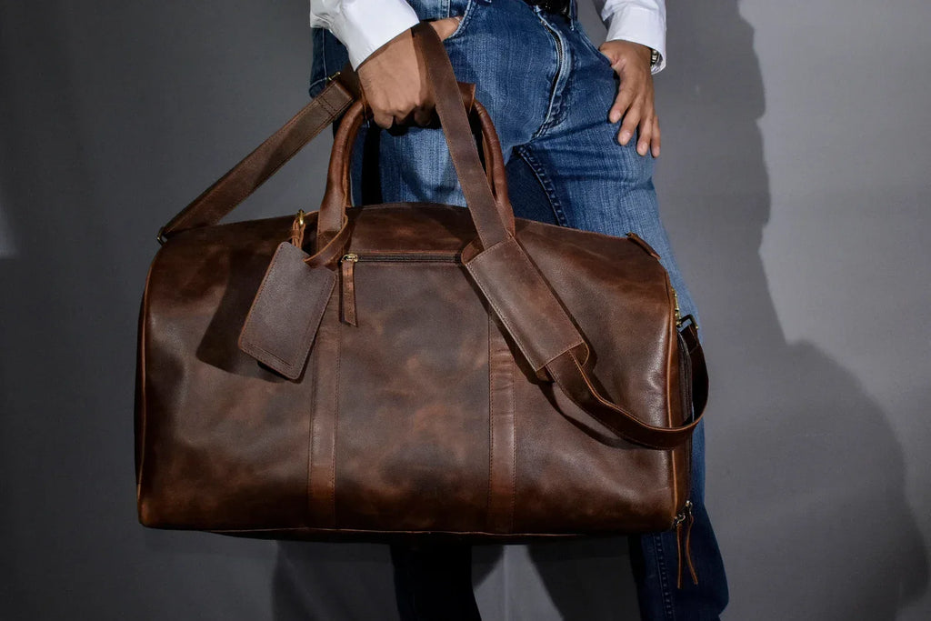 Leather Duffel Bag with shoe Compartment men Weekender overnight Bag - World Gifts