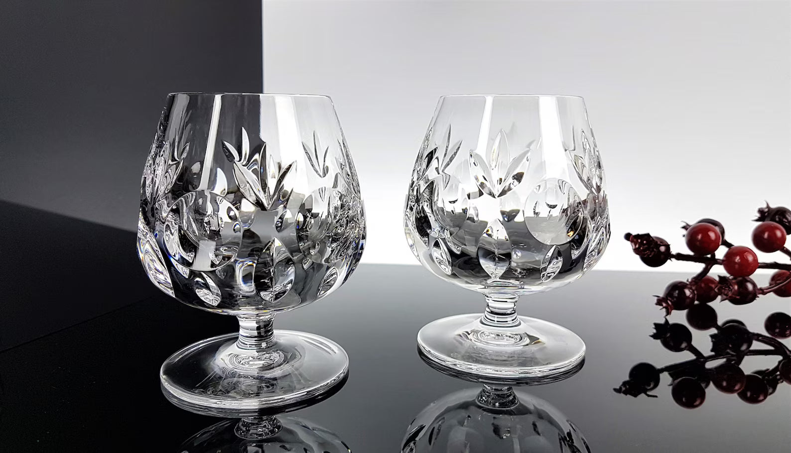 2 Taças de conhaque/brandy nobres de cristal de meados do século nobres rockabilly cristal chumbo vintage