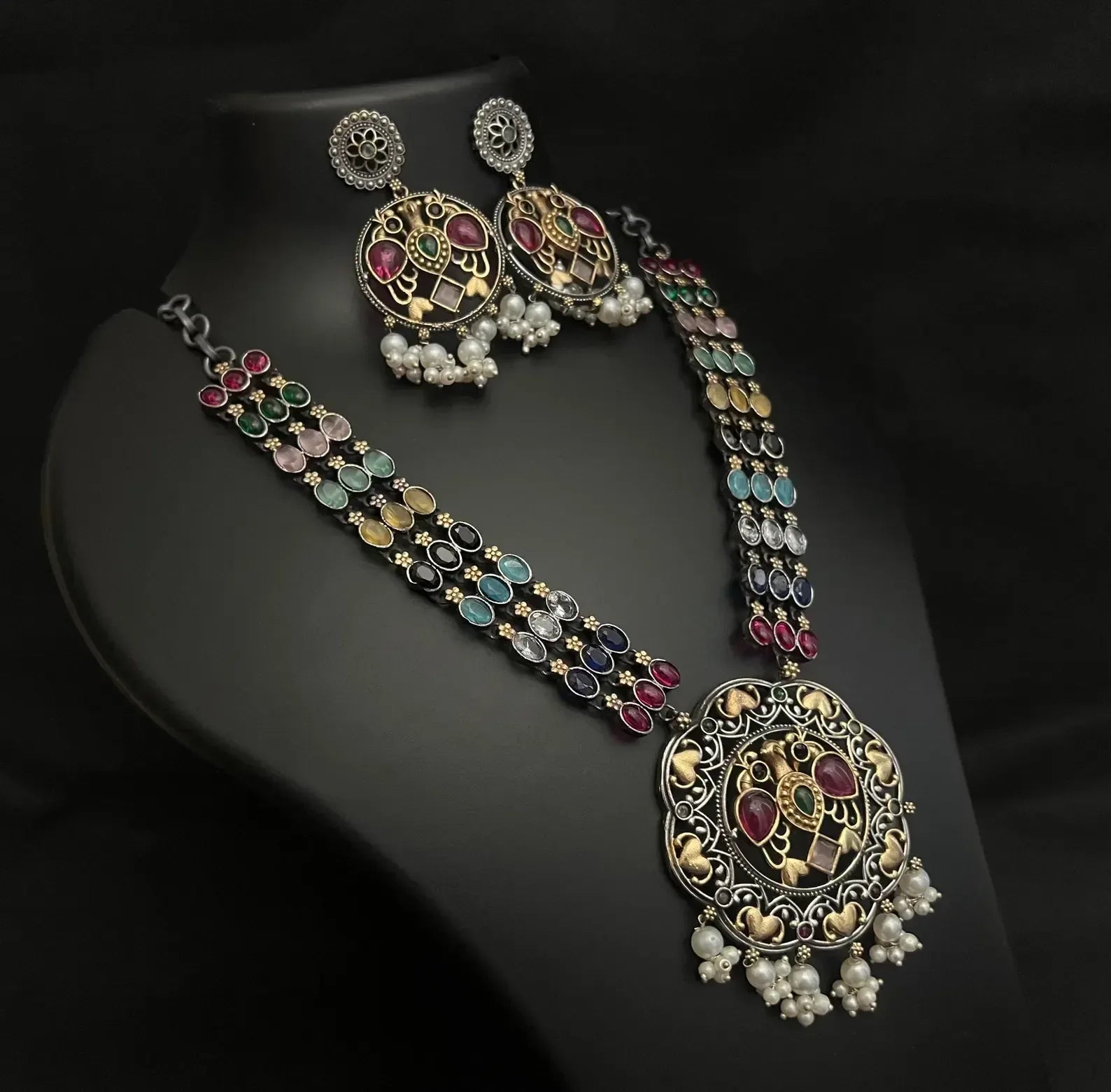 Indian Silver Necklace with Natural Stones - World Gifts