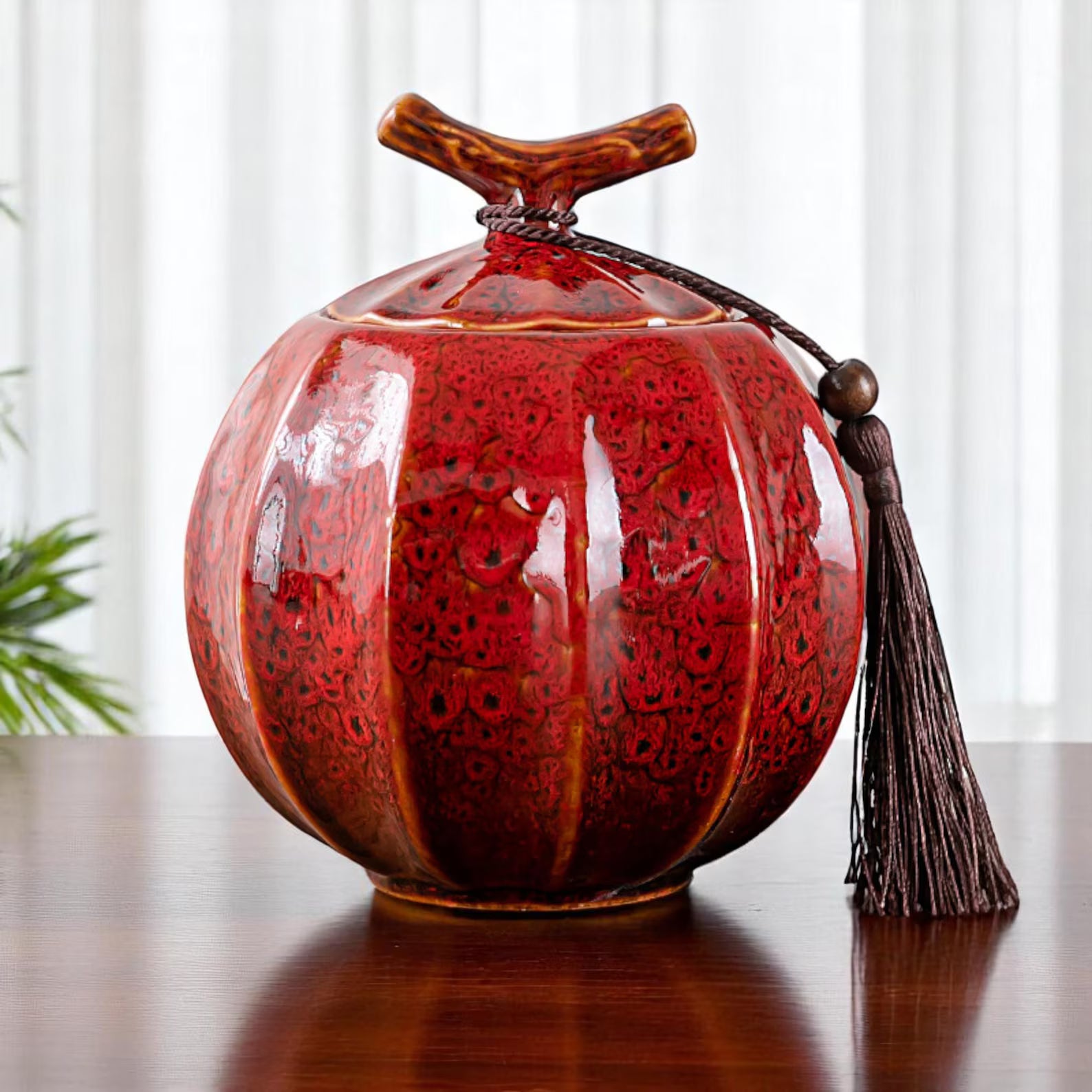 Japanese Crackle Glaze Ceramic Jar – Handmade Japanese Tea Canister with Branch Lid & Tassel | Storage Container Keepsake Decor Accent Gift - World Gifts