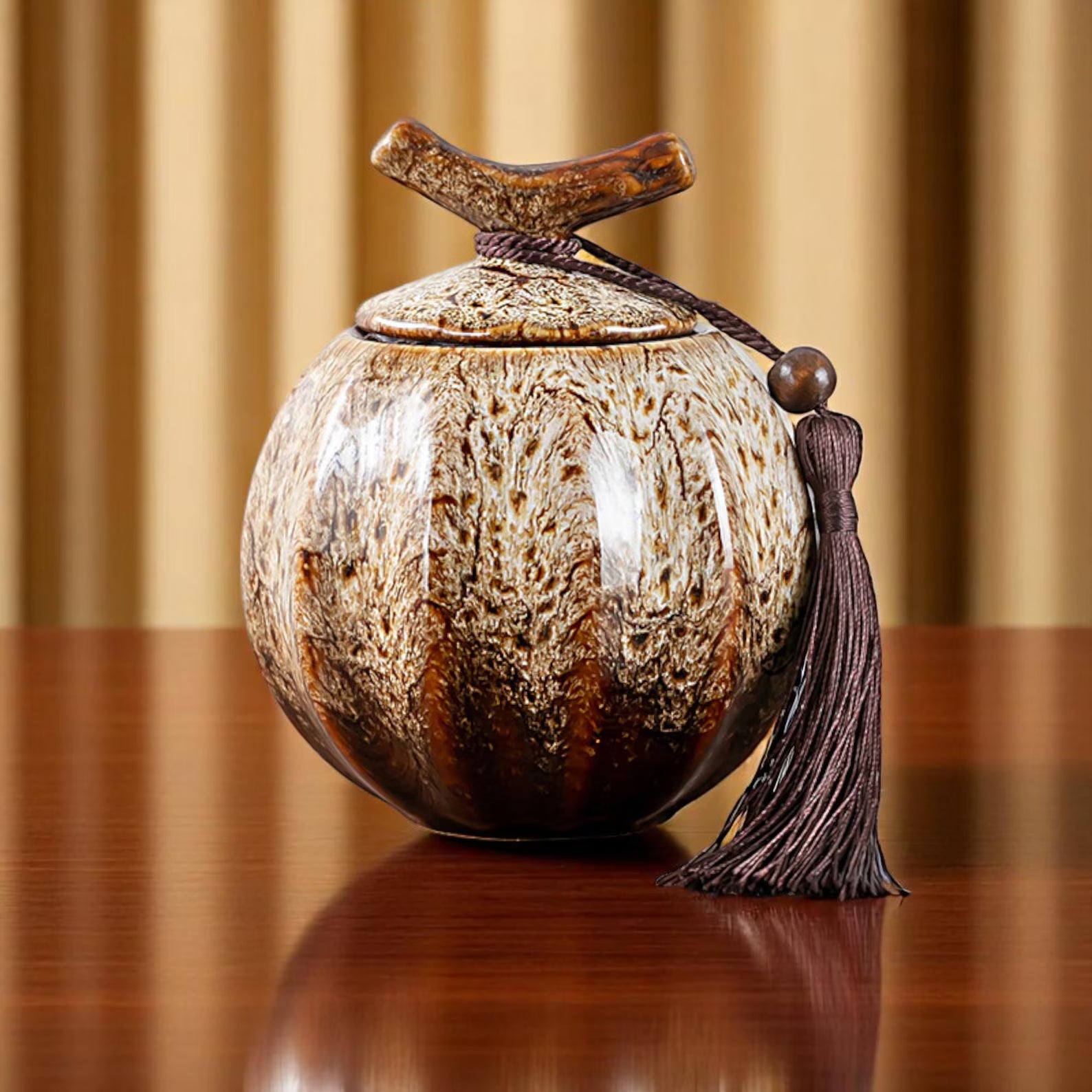 Japanese Crackle Glaze Ceramic Jar – Handmade Japanese Tea Canister with Branch Lid & Tassel | Storage Container Keepsake Decor Accent Gift - World Gifts