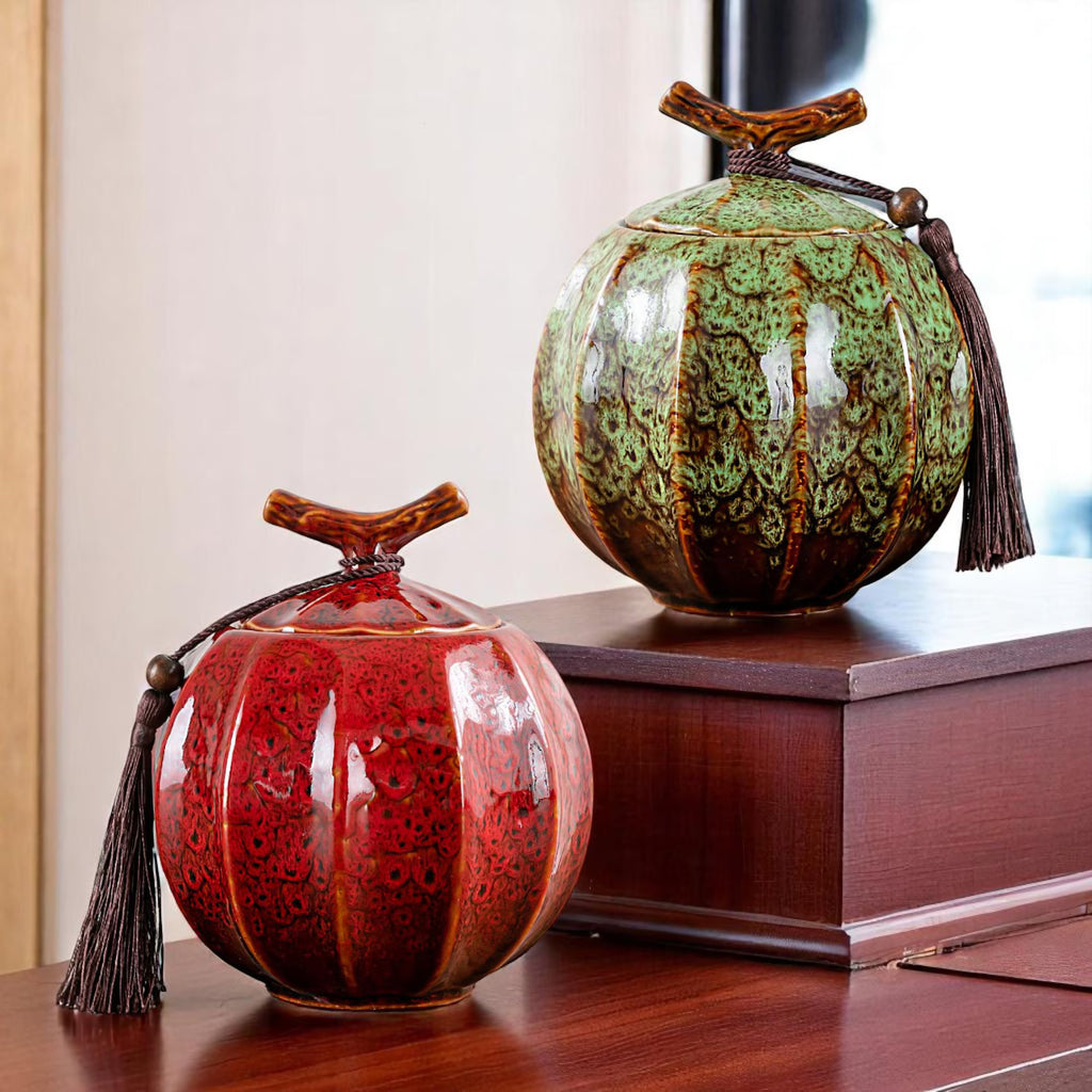 Japanese Crackle Glaze Ceramic Jar – Handmade Japanese Tea Canister with Branch Lid & Tassel | Storage Container Keepsake Decor Accent Gift - World Gifts
