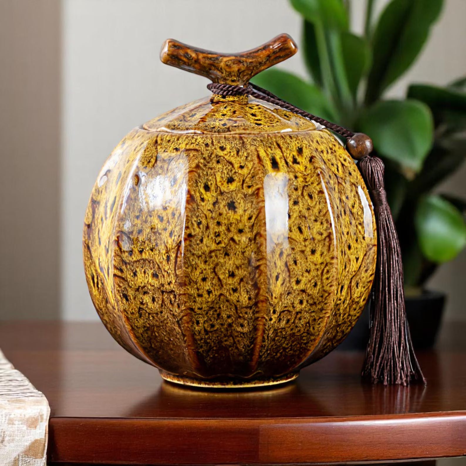 Japanese Crackle Glaze Ceramic Jar – Handmade Japanese Tea Canister with Branch Lid & Tassel | Storage Container Keepsake Decor Accent Gift - World Gifts