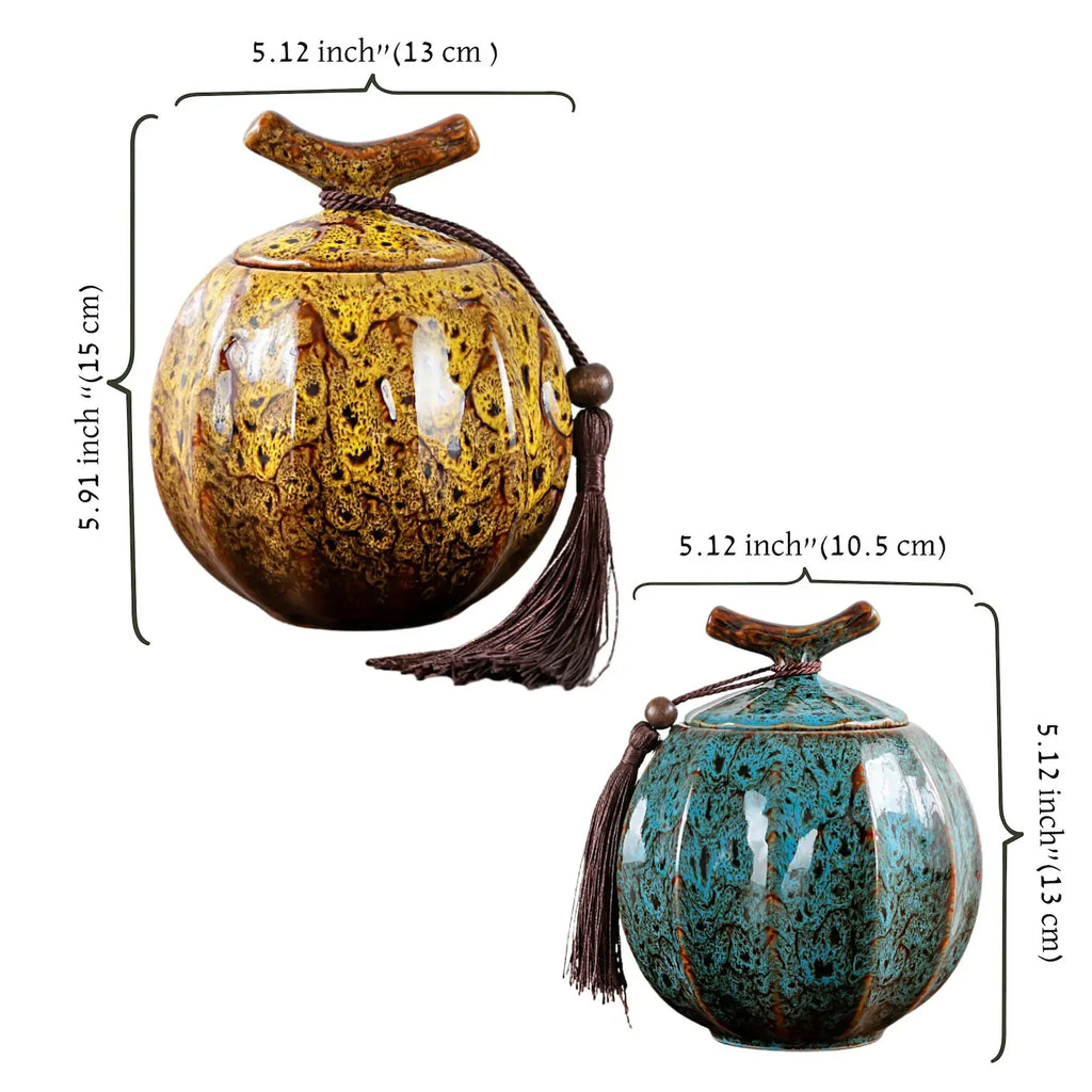 Japanese Crackle Glaze Ceramic Jar – Handmade Japanese Tea Canister with Branch Lid & Tassel | Storage Container Keepsake Decor Accent Gift - World Gifts
