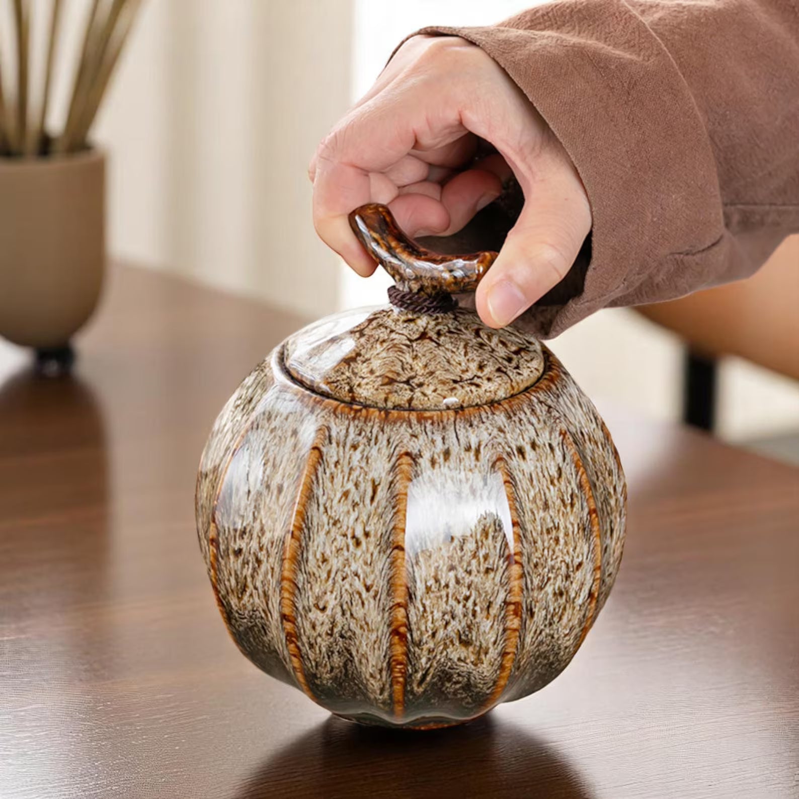 Japanese Crackle Glaze Ceramic Jar – Handmade Japanese Tea Canister with Branch Lid & Tassel | Storage Container Keepsake Decor Accent Gift - World Gifts
