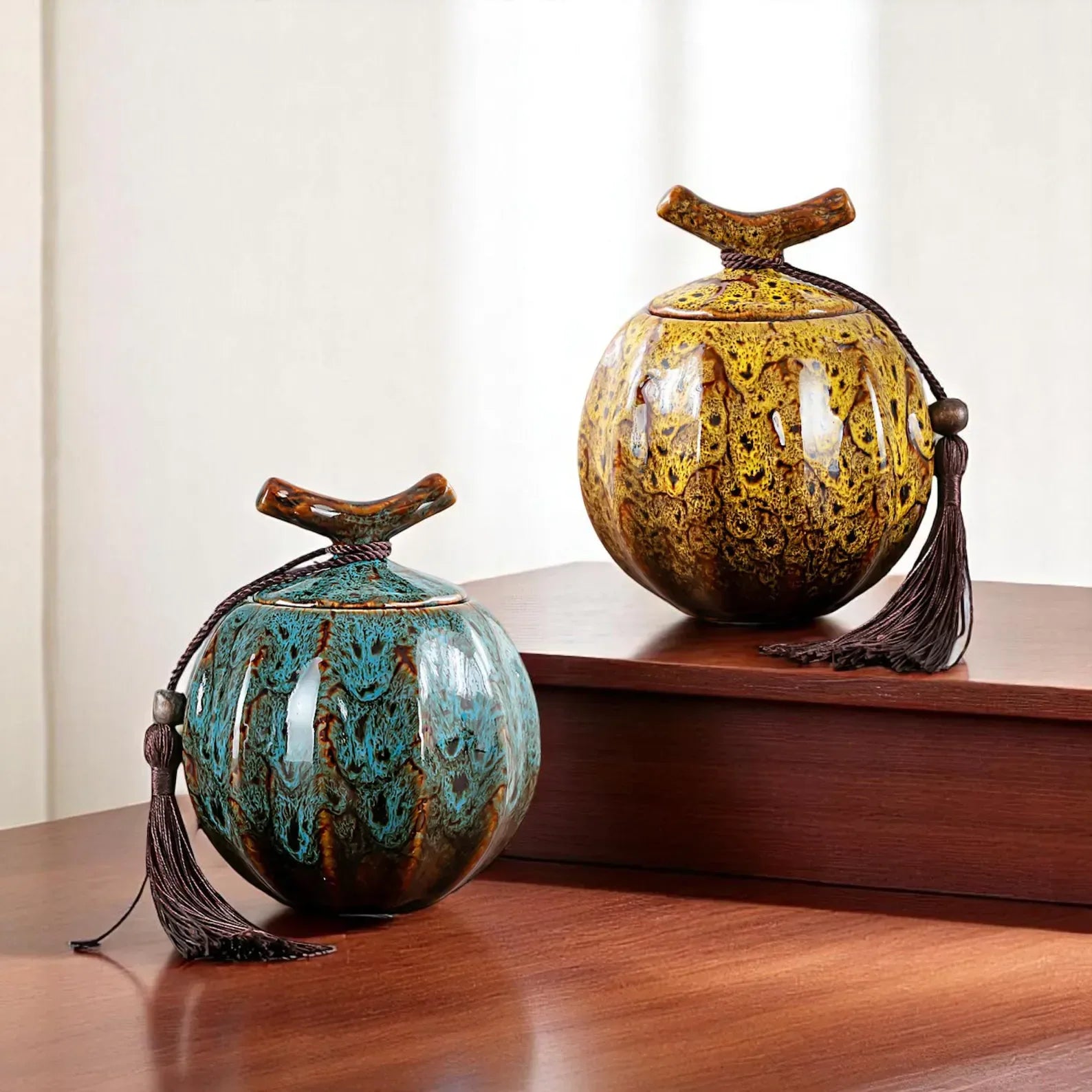 Japanese Crackle Glaze Ceramic Jar – Handmade Japanese Tea Canister with Branch Lid & Tassel | Storage Container Keepsake Decor Accent Gift - World Gifts