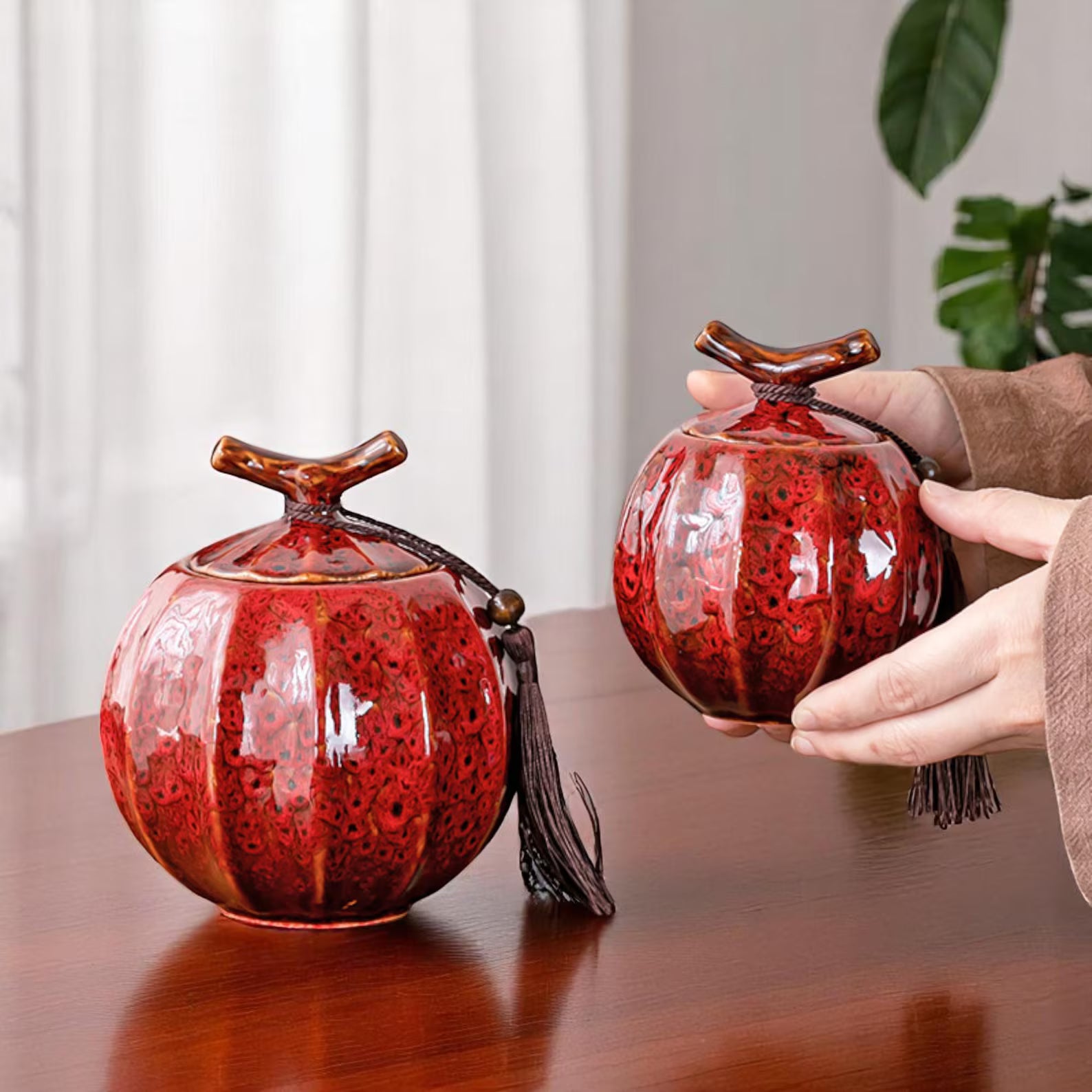 Japanese Crackle Glaze Ceramic Jar – Handmade Japanese Tea Canister with Branch Lid & Tassel | Storage Container Keepsake Decor Accent Gift - World Gifts