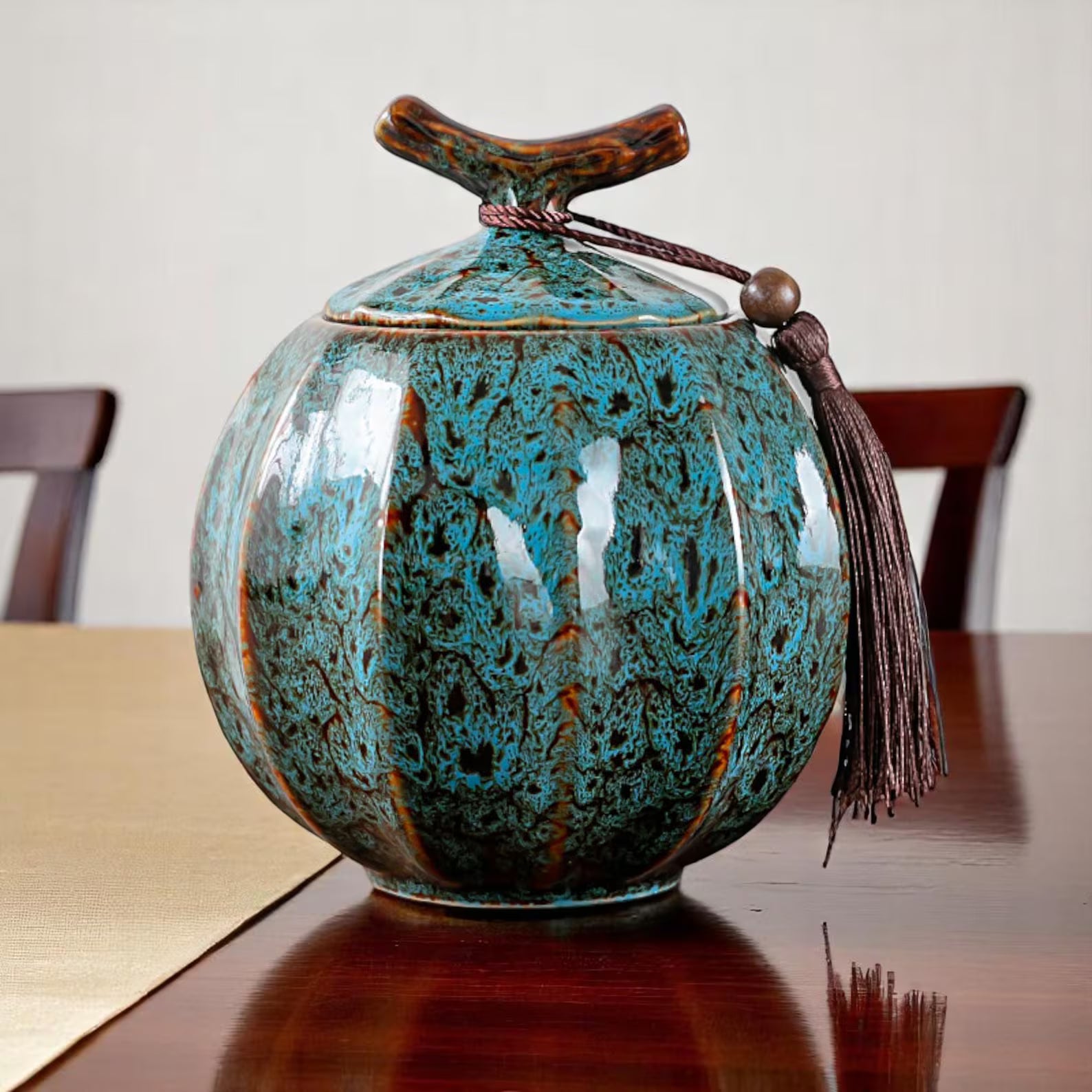 Japanese Crackle Glaze Ceramic Jar – Handmade Japanese Tea Canister with Branch Lid & Tassel | Storage Container Keepsake Decor Accent Gift - World Gifts