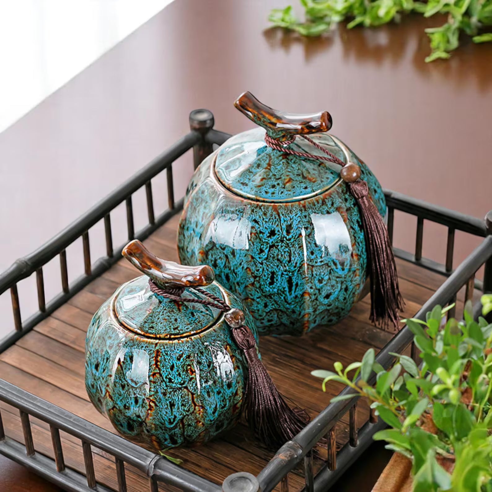 Japanese Crackle Glaze Ceramic Jar – Handmade Japanese Tea Canister with Branch Lid & Tassel | Storage Container Keepsake Decor Accent Gift - World Gifts