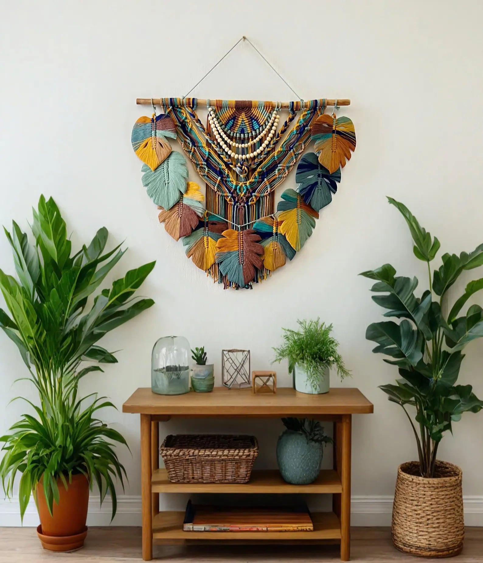 Folha de Macramê Colorida para Pendurar na Parede, Macramê de Parede, Arte de Parede Verde, Decoração Boho para Casa, Presentes para Casa Nova, Decoração Rústica