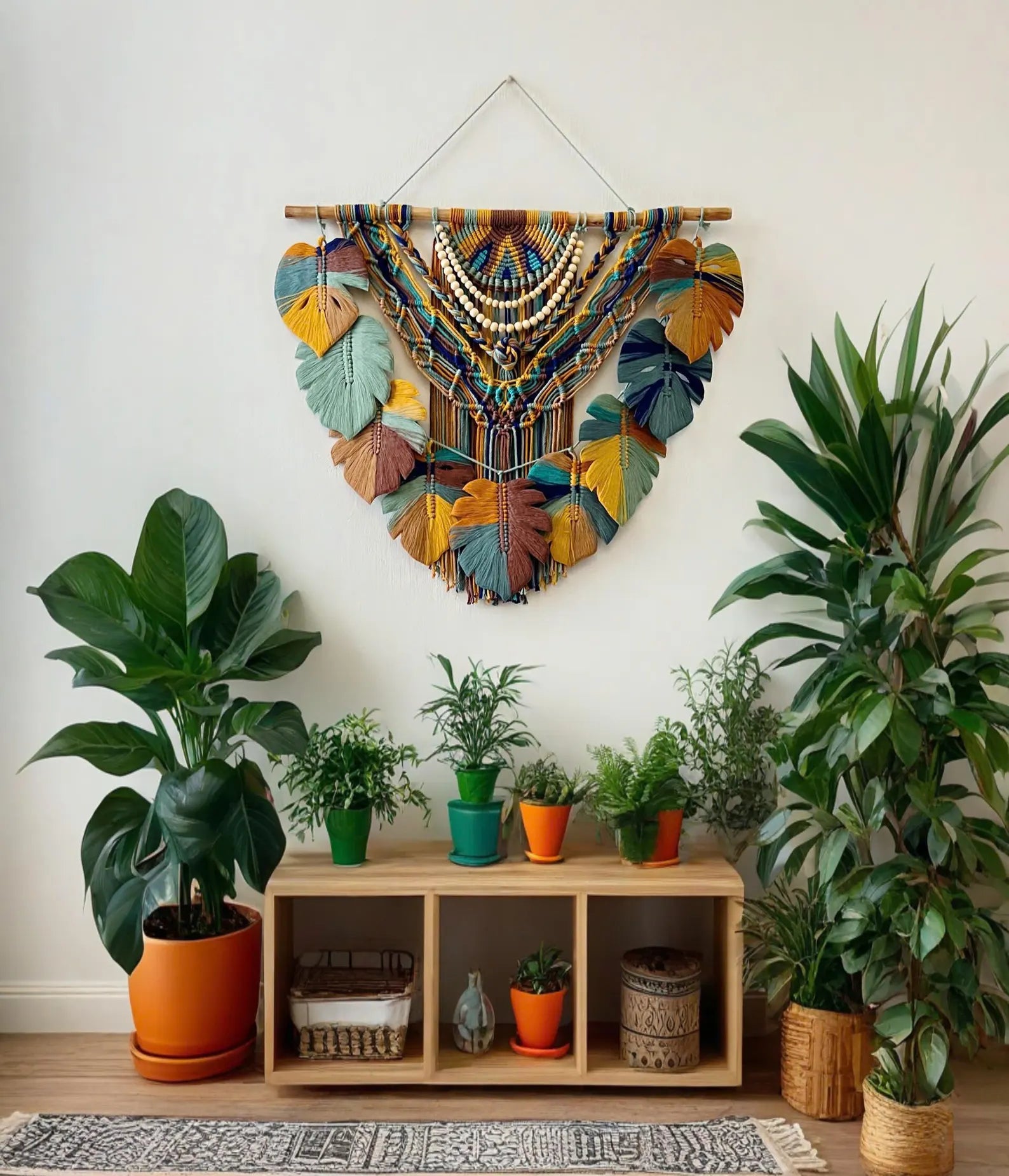 Folha de Macramê Colorida para Pendurar na Parede, Macramê de Parede, Arte de Parede Verde, Decoração Boho para Casa, Presentes para Casa Nova, Decoração Rústica