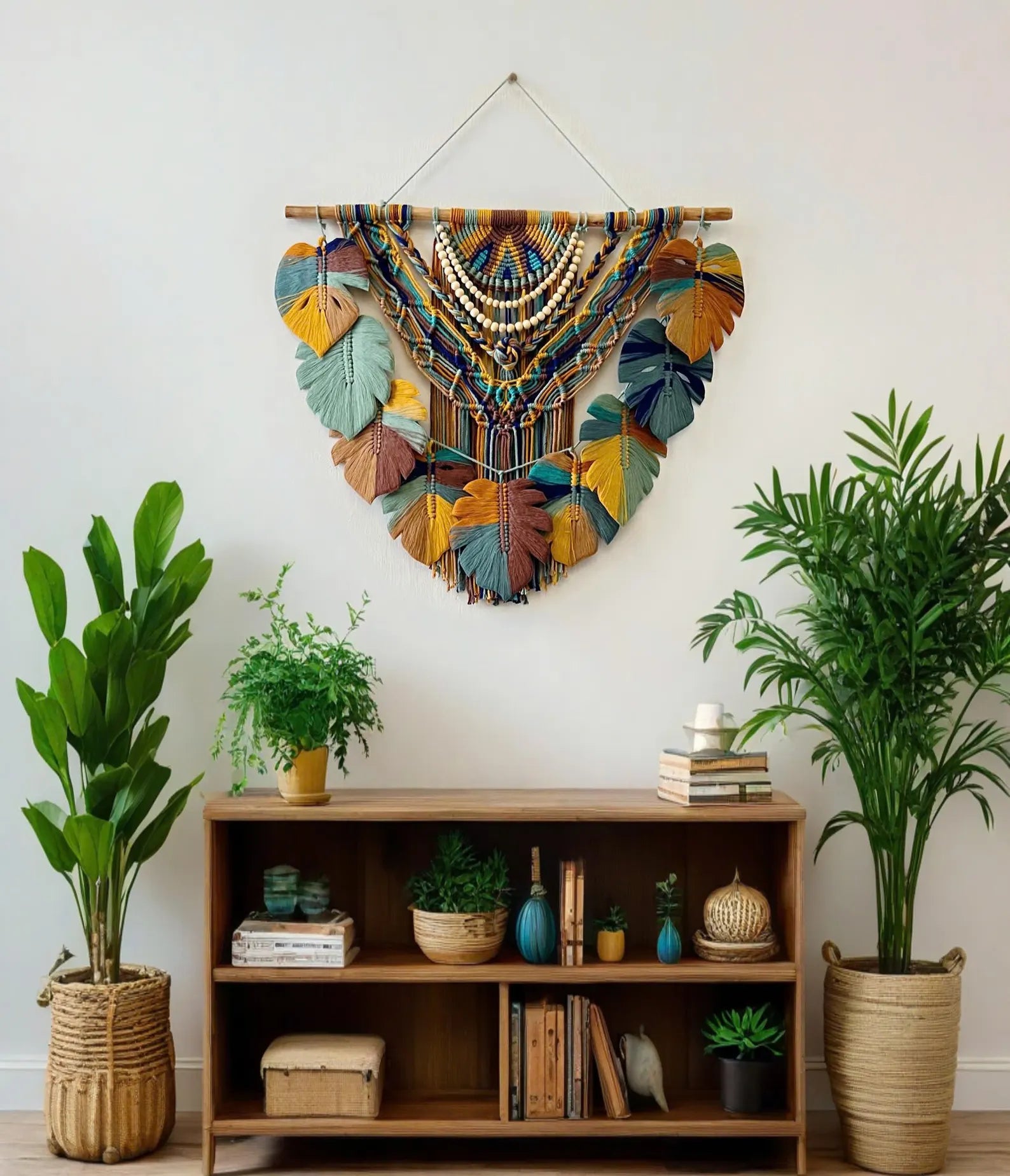 Folha de Macramê Colorida para Pendurar na Parede, Macramê de Parede, Arte de Parede Verde, Decoração Boho para Casa, Presentes para Casa Nova, Decoração Rústica
