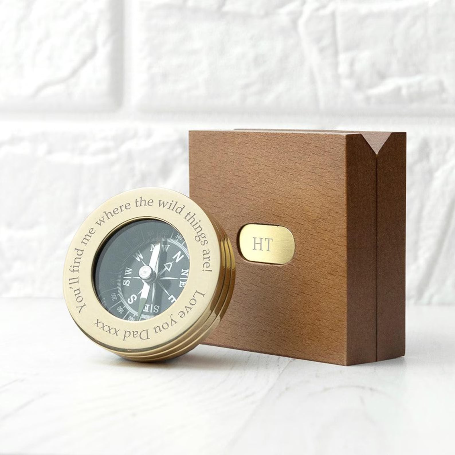 Brass Compass with Engraved Wooden Box - World Gifts