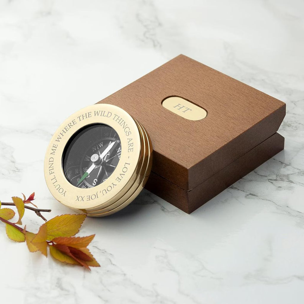 Brass Compass with Engraved Wooden Box - World Gifts