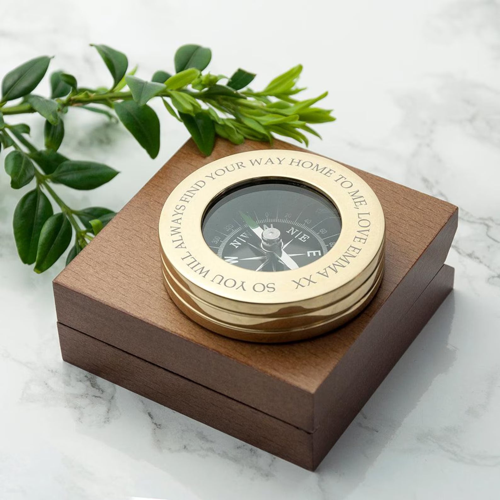 Brass Compass with Engraved Wooden Box - World Gifts