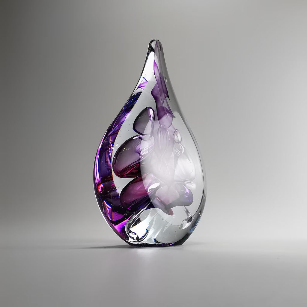 Handmade Blown Glass Flat Drop Sculpture - Purple Floral Motif - Home Decor