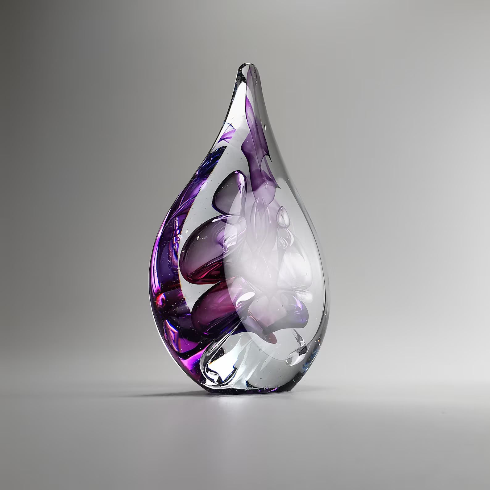 Handmade Blown Glass Flat Drop Sculpture - Purple Floral Motif - Home Decor