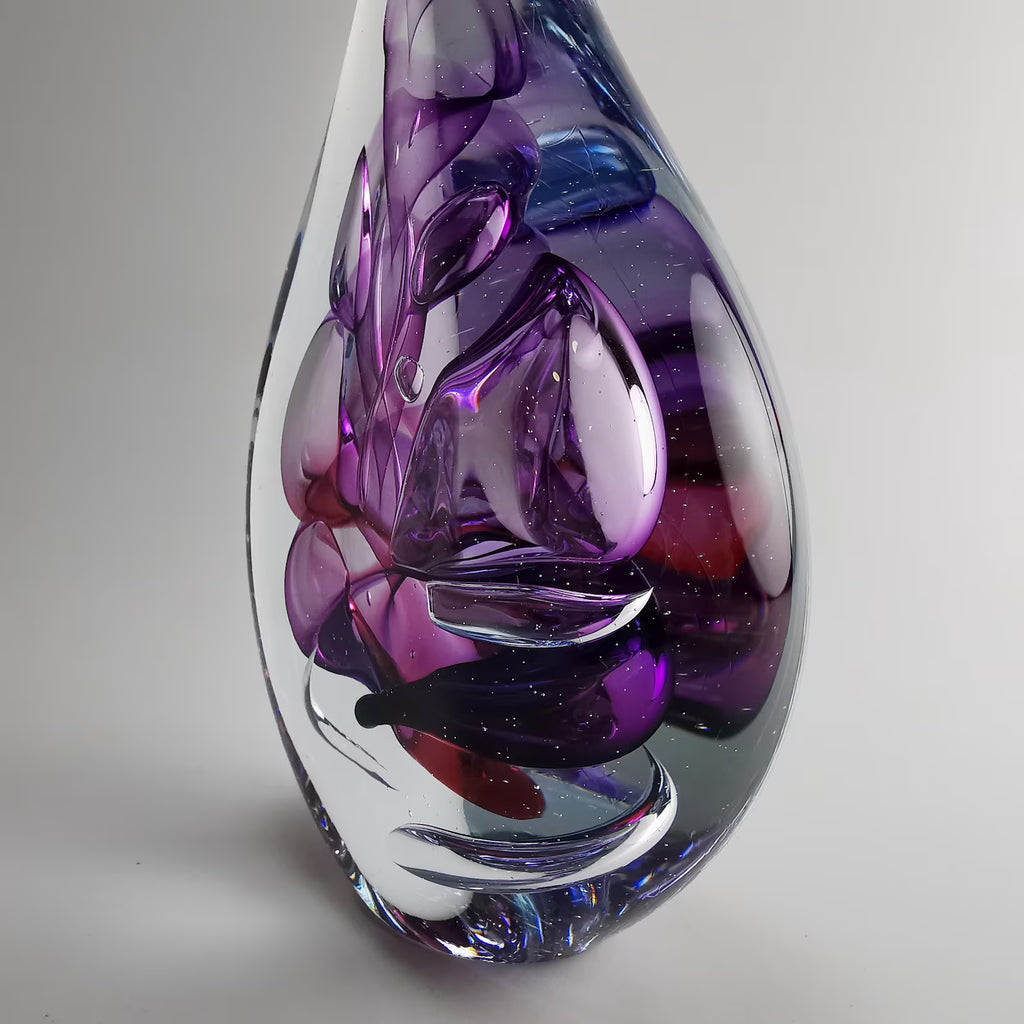 Handmade Blown Glass Flat Drop Sculpture - Purple Floral Motif - Home Decor