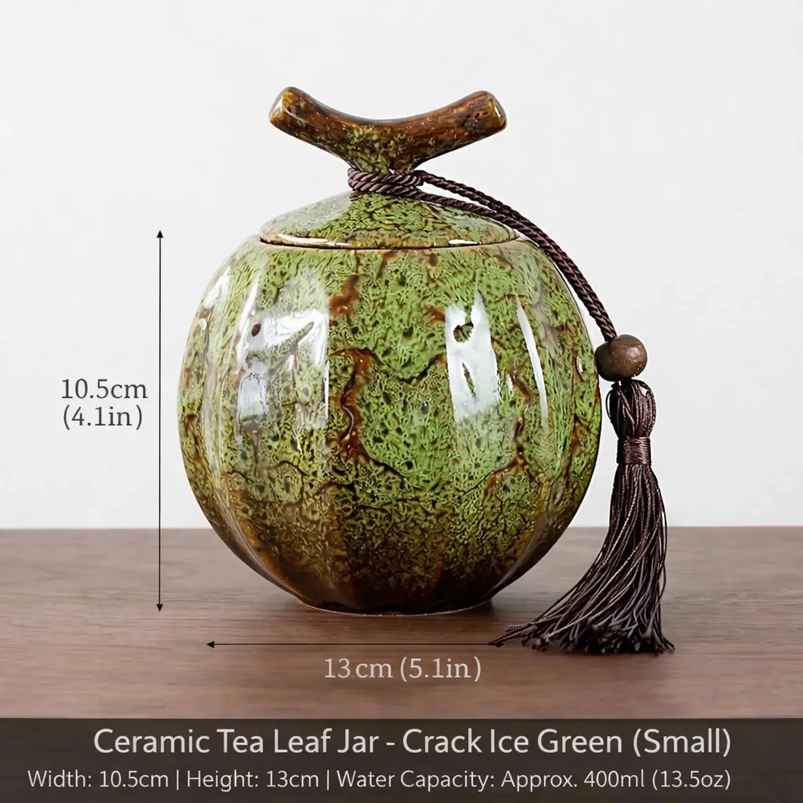 Japanese Crackle Glaze Ceramic Jar – Handmade Japanese Tea Canister with Branch Lid & Tassel | Storage Container Keepsake Decor Accent Gift - World Gifts