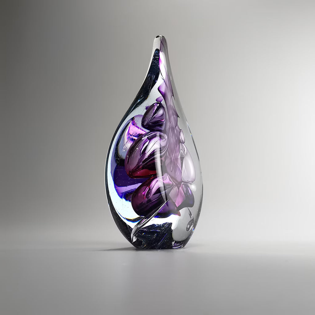 Handmade Blown Glass Flat Drop Sculpture - Purple Floral Motif - Home Decor
