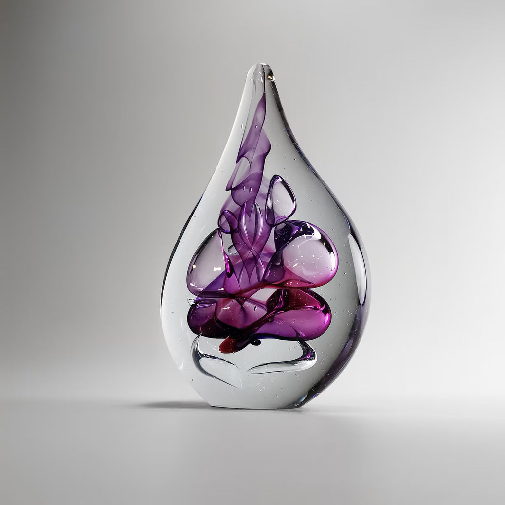 Handmade Blown Glass Flat Drop Sculpture - Purple Floral Motif - Home Decor