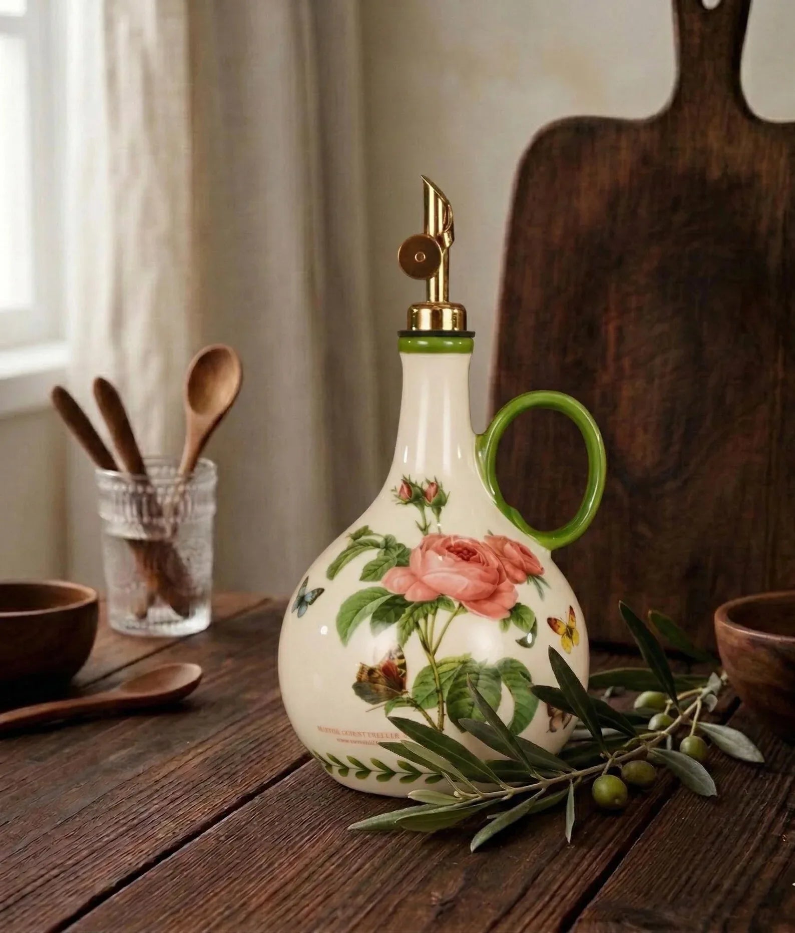 Ceramic Olive Oil Dispenser, Vintage Floral Oil Bottle with Gold Pour Spout - World Gifts