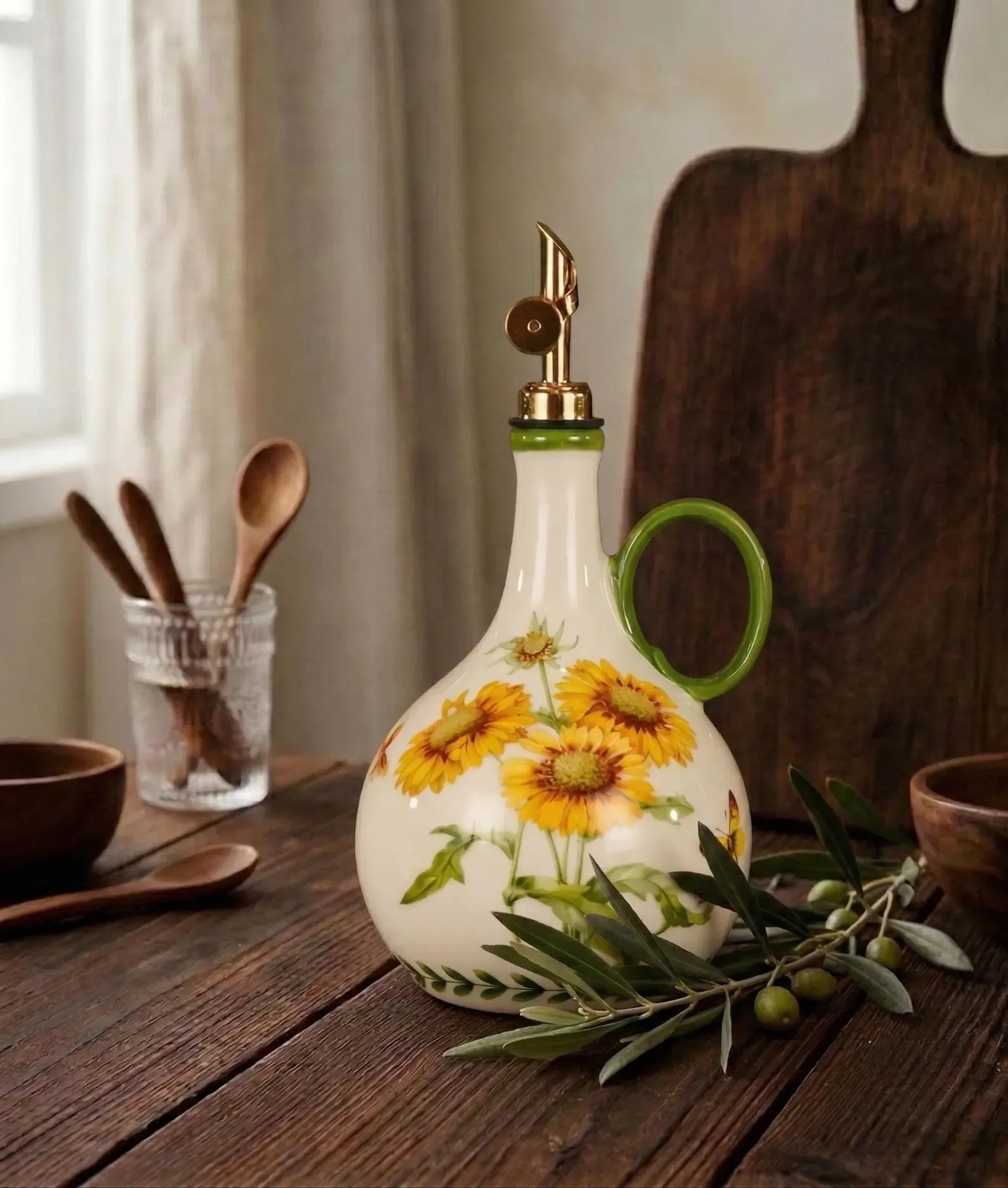 Ceramic Olive Oil Dispenser, Vintage Floral Oil Bottle with Gold Pour Spout - World Gifts