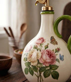 Ceramic Olive Oil Dispenser, Vintage Floral Oil Bottle with Gold Pour Spout - World Gifts